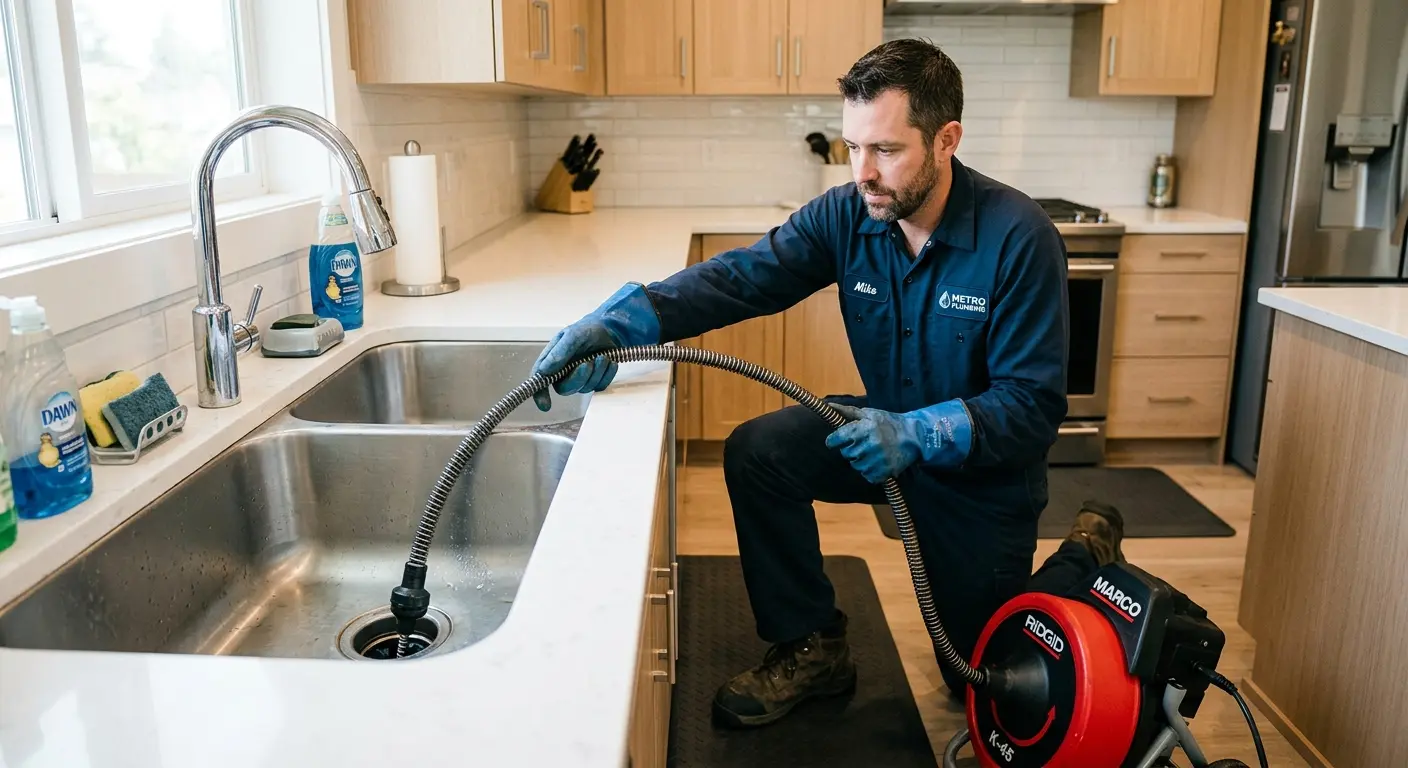 Drain cleaning technician using a motorized snake on a kitchen sink in Travelers Rest
