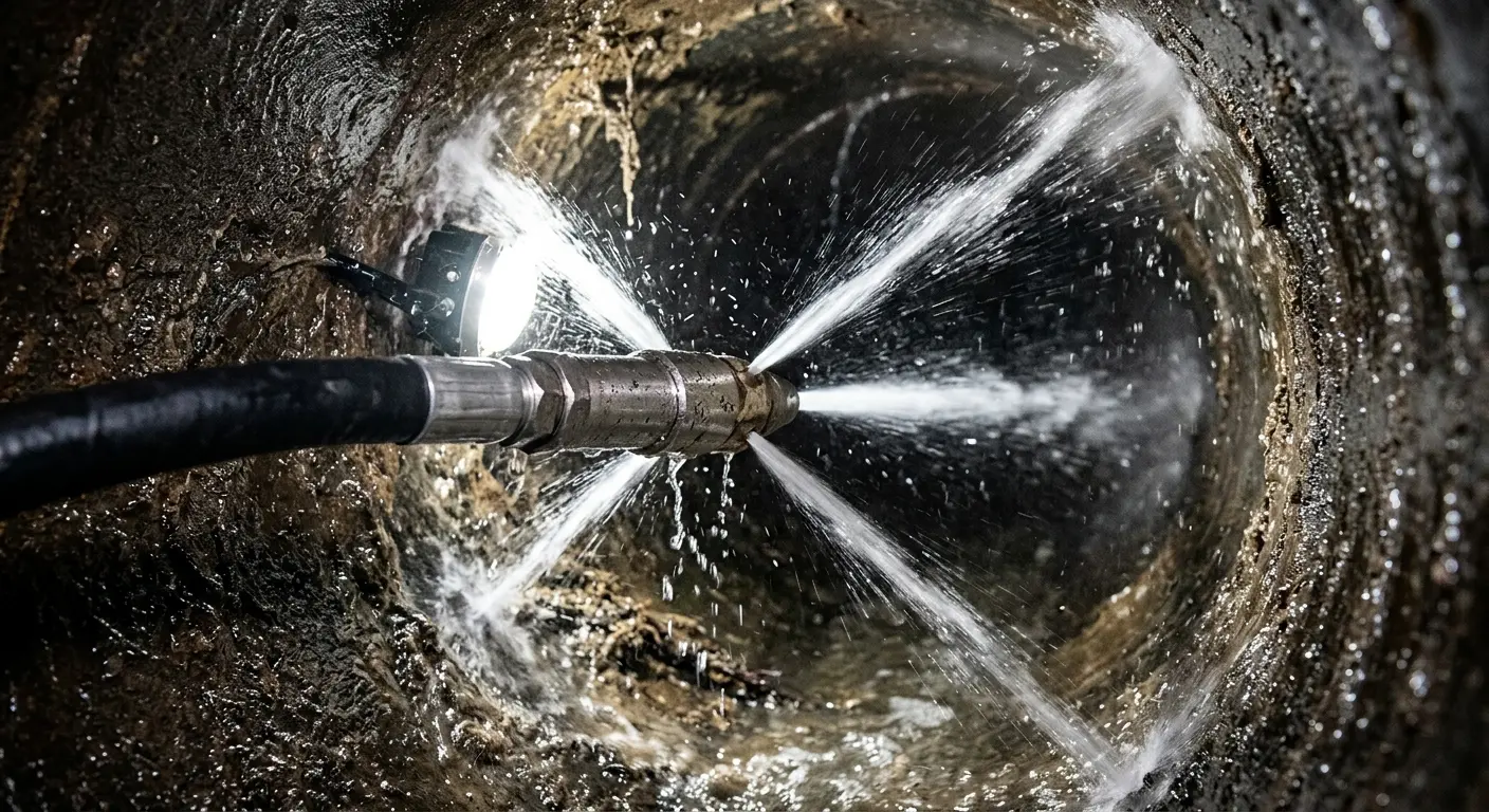 High-pressure hydro jetting nozzle cleaning sewer pipe for Trenchless Sewer Repair in Travelers Rest
